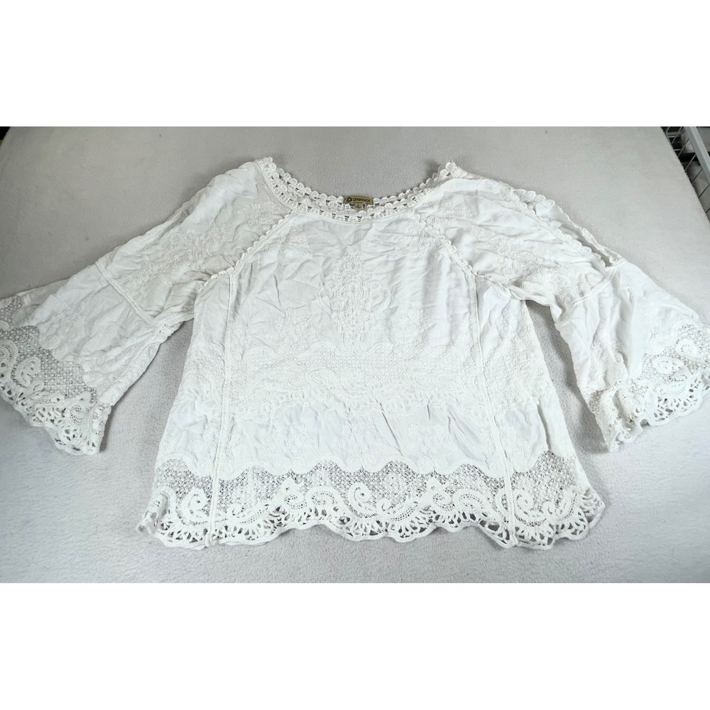 Democracy Blouse Women Large White Boho Crochet Lace Embroidered Peasant Top